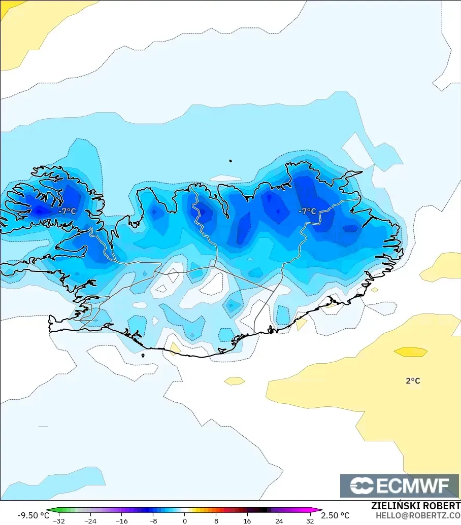 ECMWF IFS 0.25° model - Iceland, Anomali Suhu 2 m