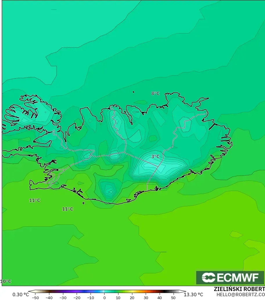 ECMWF IFS 0.25° model - Iceland, Suhu pada 2 m