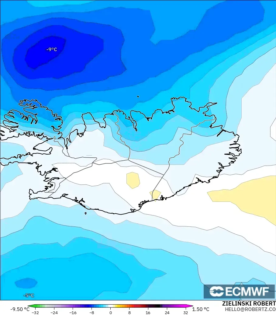 ECMWF IFS 0.25° model - Iceland, Anomali Suhu 850 hPa