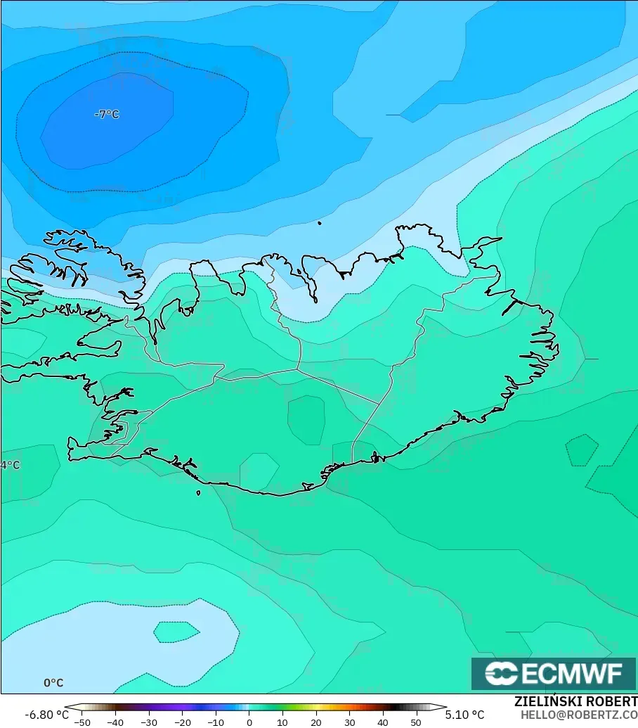 ECMWF IFS 0.25° model - Iceland, Suhu 850 hPa