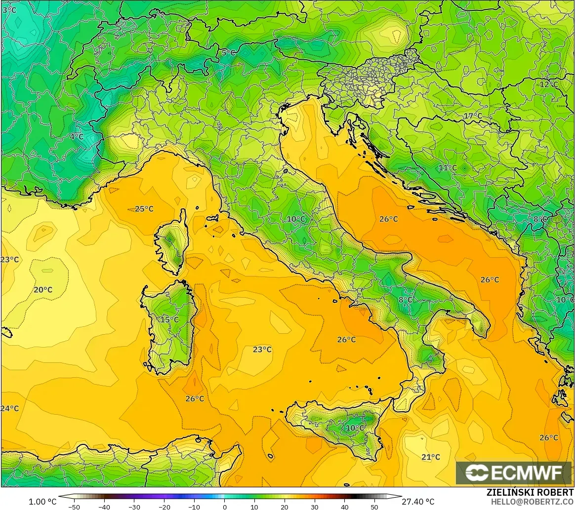 ECMWF IFS 0.25° model - Itali, Takat Embun 2 m