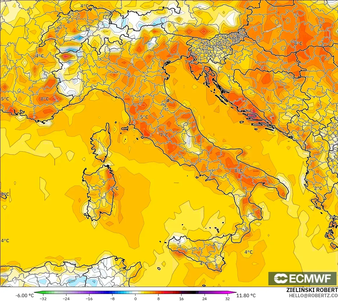 ECMWF IFS 0.25° model - Itali, Anomali Suhu 2 m