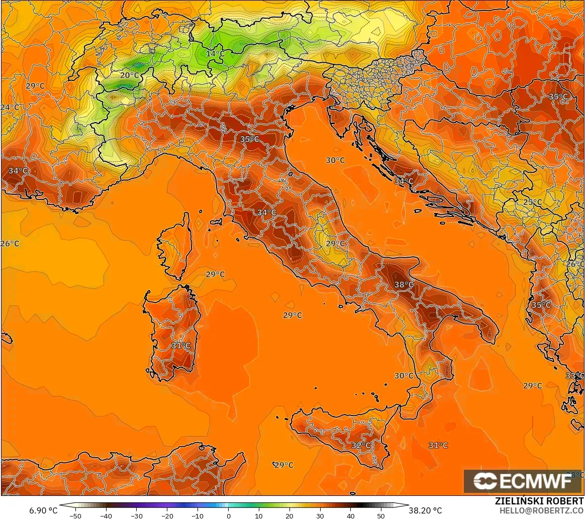 ECMWF IFS 0.25° model - Itali, Suhu pada 2 m