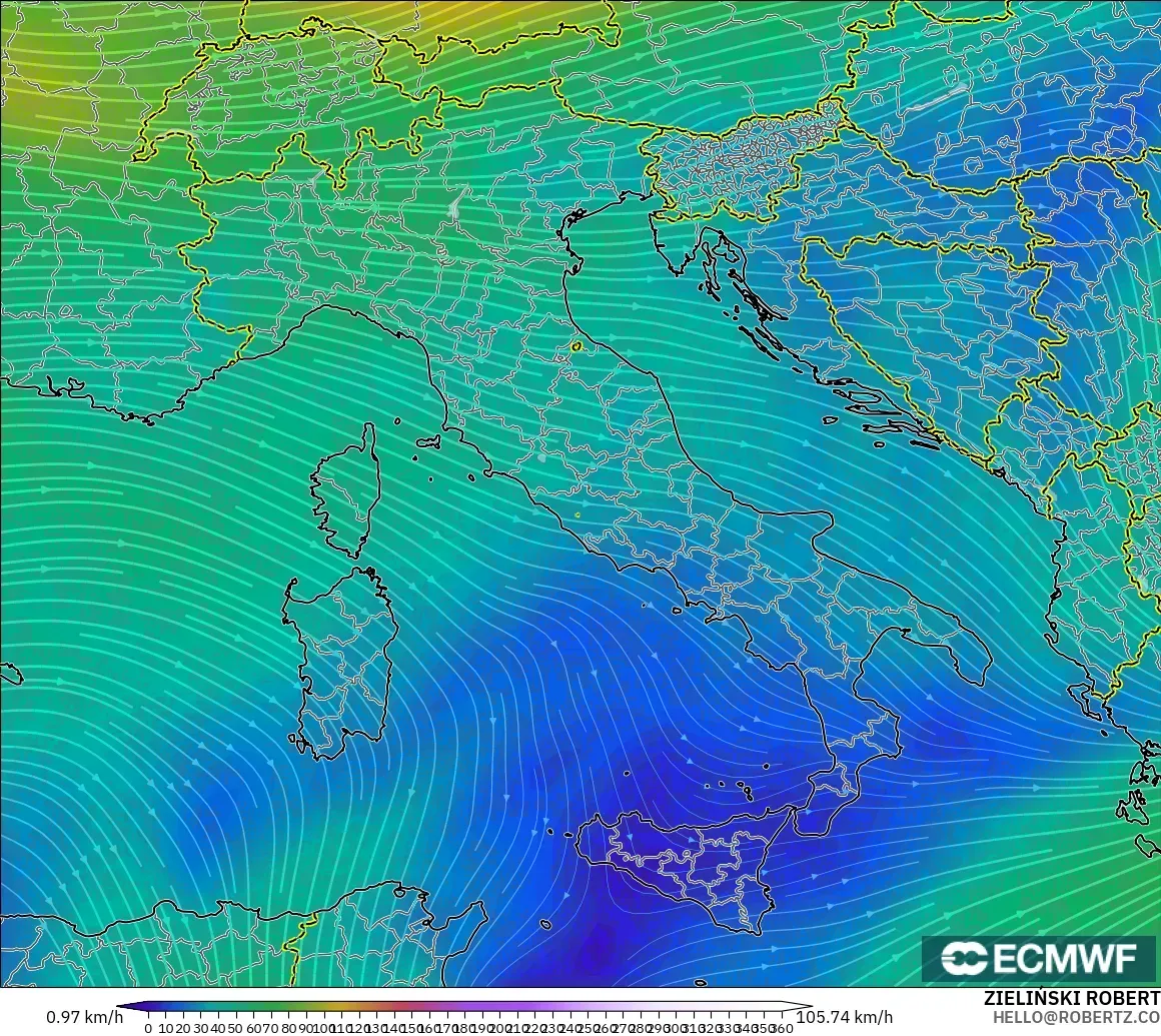 ECMWF IFS 0.25° model - Itali, Angin 300 hPa (aliran jet)