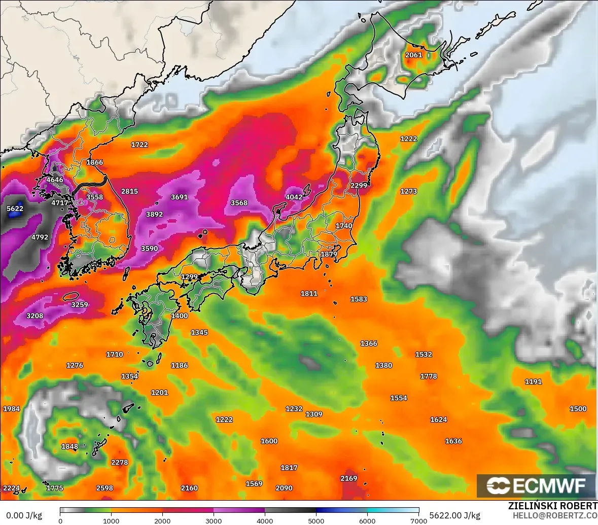 ECMWF IFS 0.25° model - Jepun, CAPE
