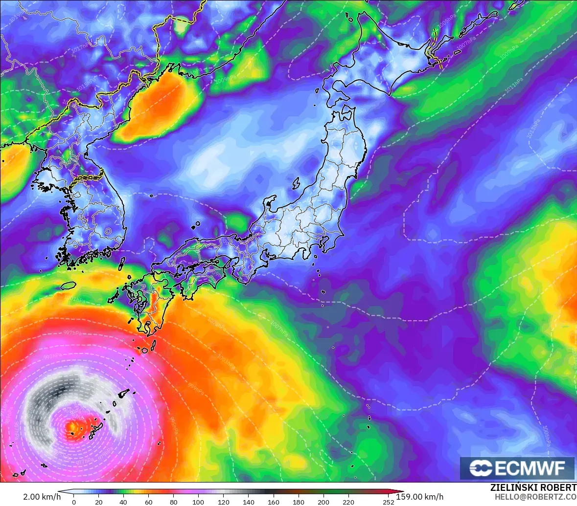 ECMWF IFS 0.25° model - Jepun, Hembusan Angin