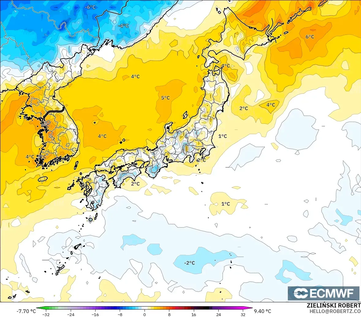 ECMWF IFS 0.25° model - Jepun, Anomali Suhu 2 m
