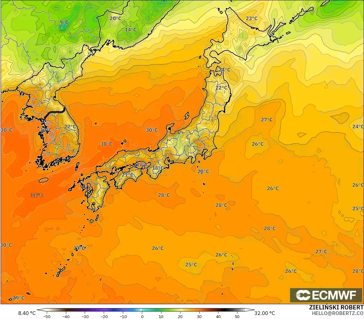 ECMWF IFS 0.25° model - Jepun, Suhu pada 2 m