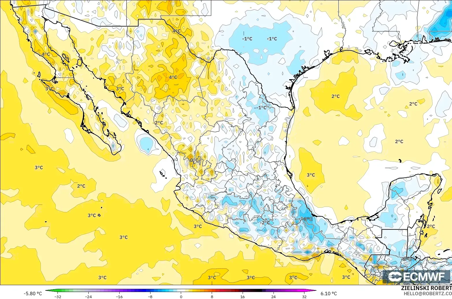 ECMWF IFS 0.25° model - Mexico, Anomali Suhu 2 m