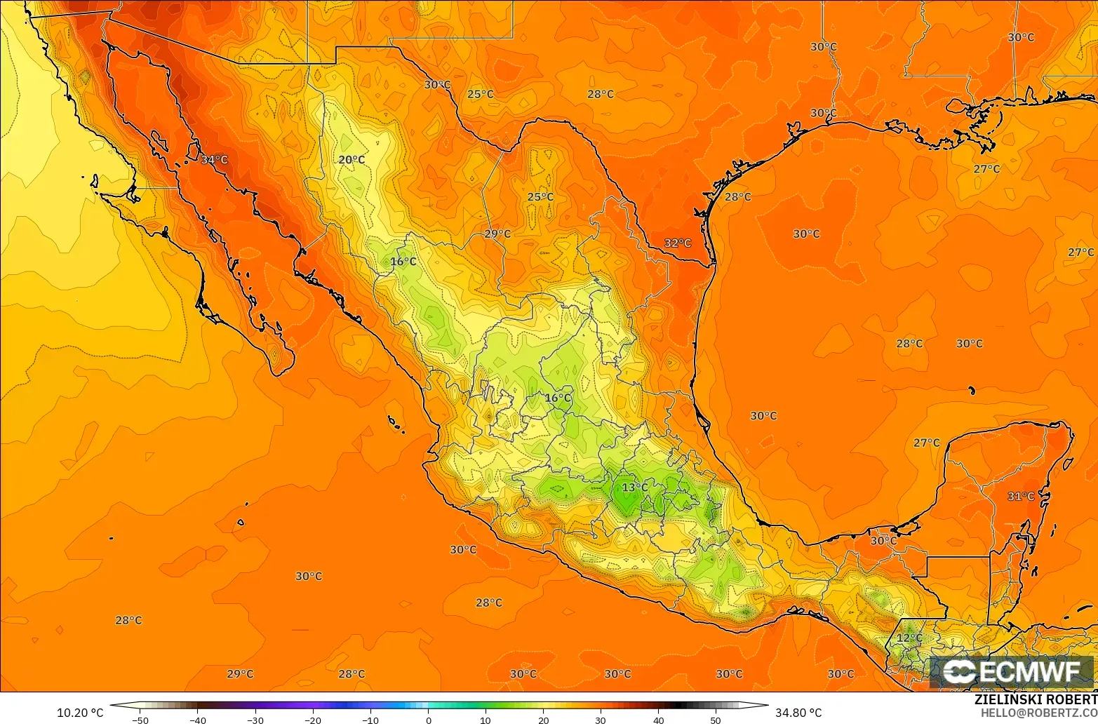 ECMWF IFS 0.25° model - Mexico, Suhu pada 2 m