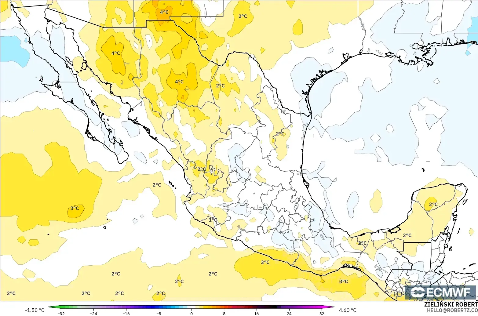 ECMWF IFS 0.25° model - Mexico, Anomali Suhu 850 hPa