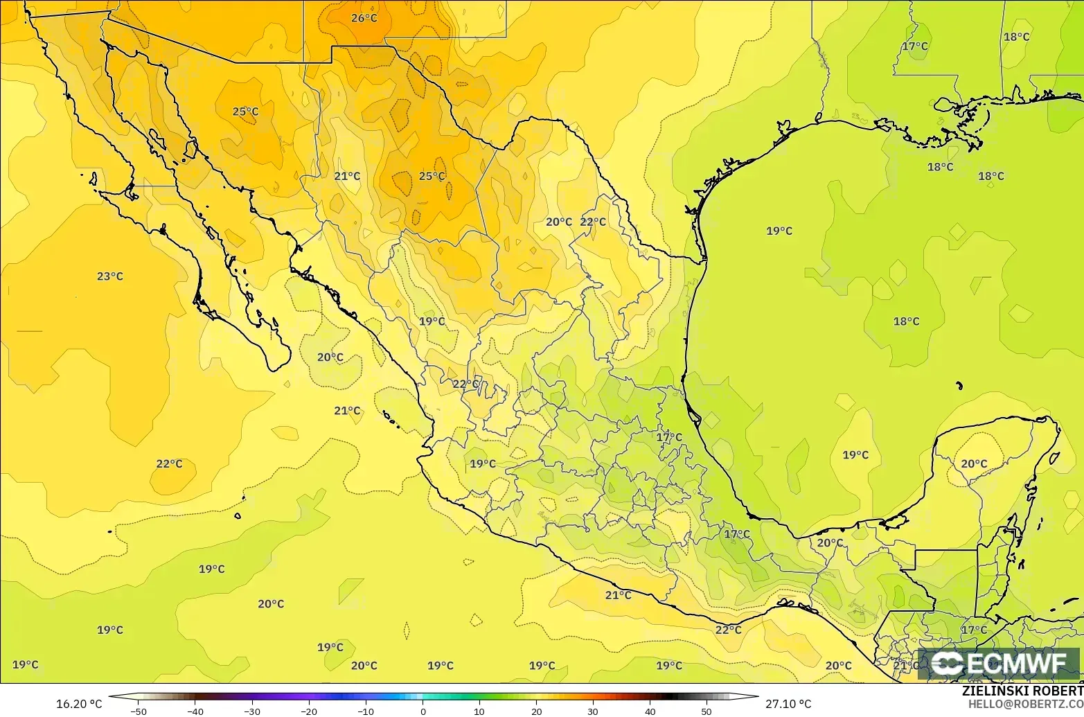 ECMWF IFS 0.25° model - Mexico, Suhu 850 hPa
