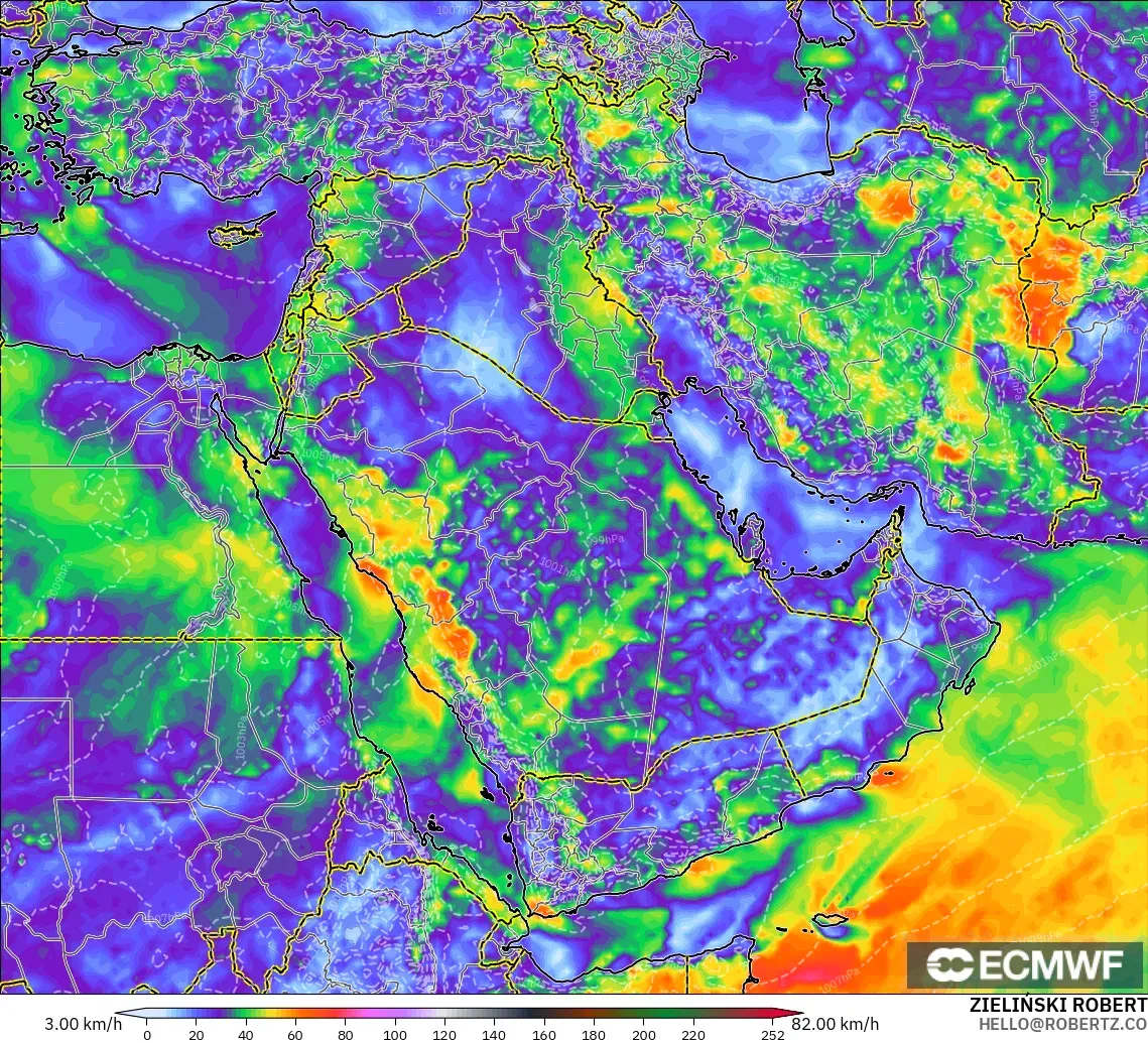 ECMWF IFS 0.25° model - Timur Tengah, Hembusan Tertinggi