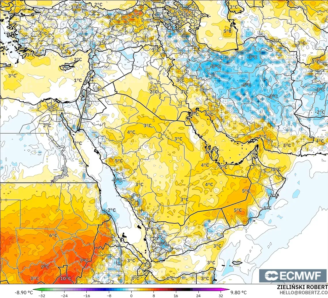 ECMWF IFS 0.25° model - Timur Tengah, Anomali Suhu 2 m
