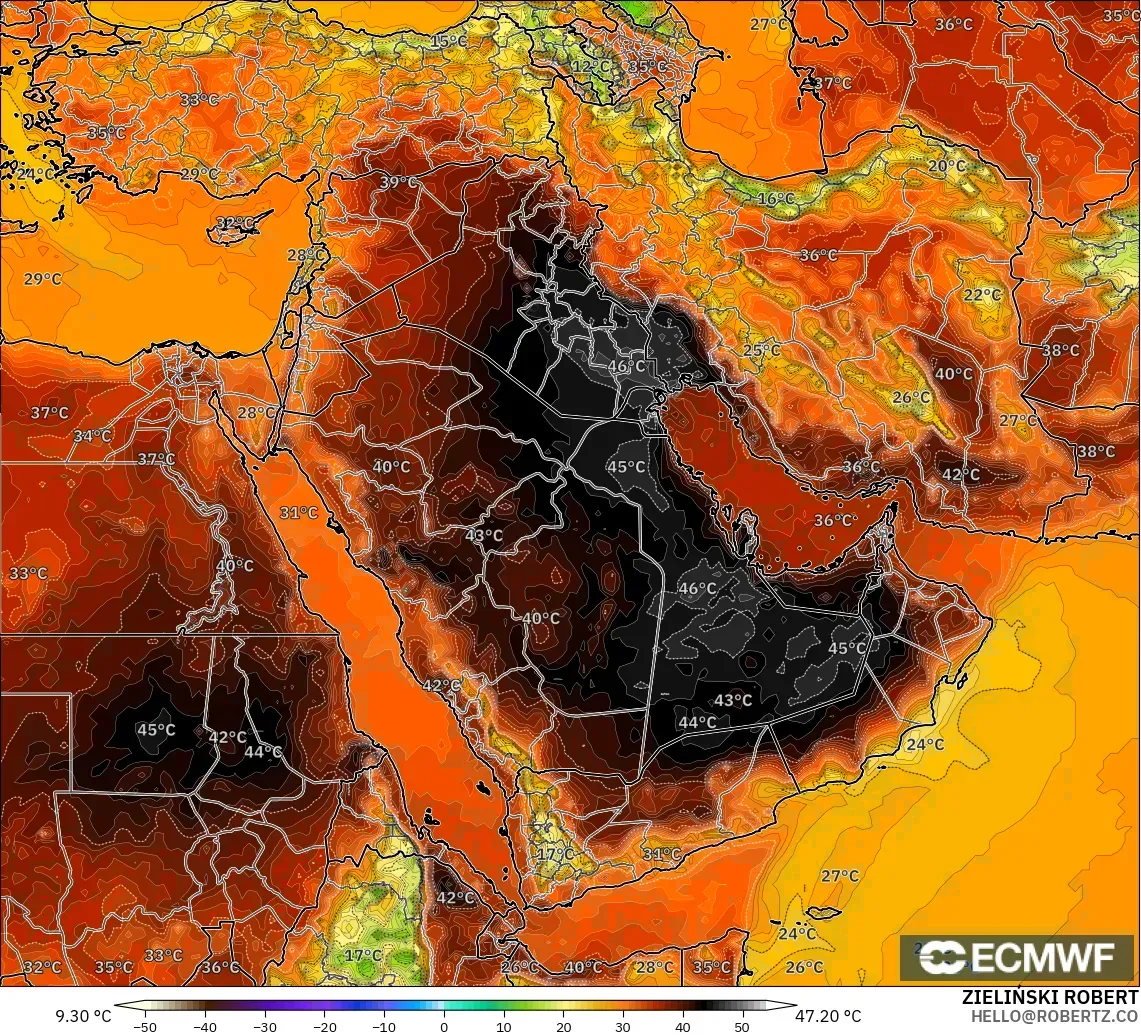 ECMWF IFS 0.25° model - Timur Tengah, Suhu pada 2 m