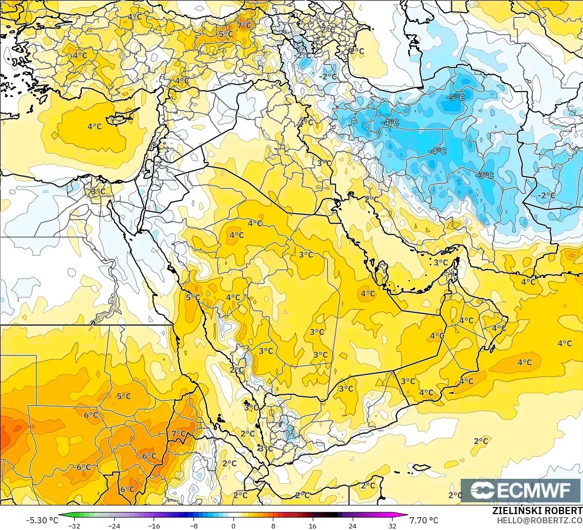ECMWF IFS 0.25° model - Timur Tengah, Anomali Suhu 850 hPa