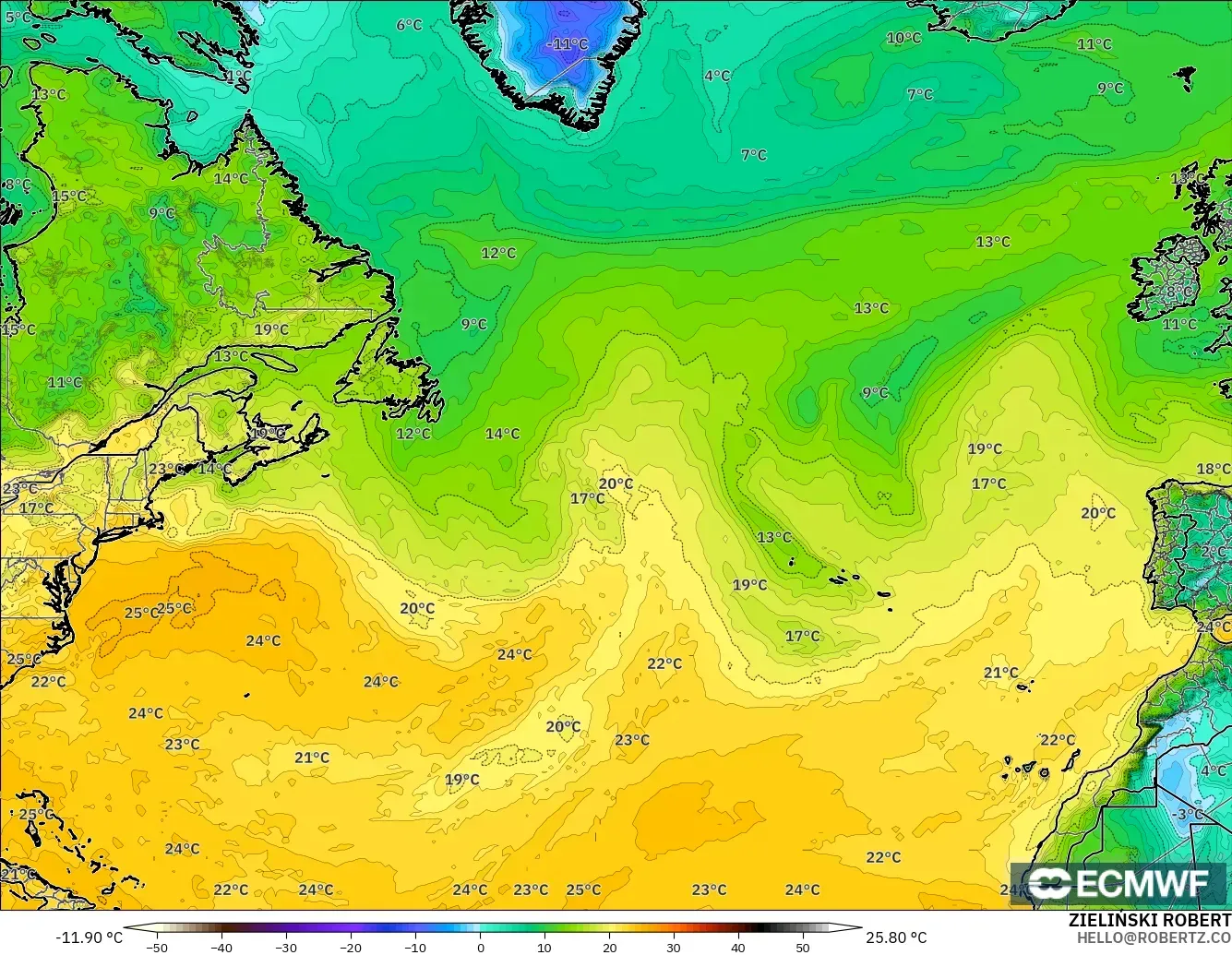 ECMWF IFS 0.25° model - Atlantik Utara, Takat Embun 2 m