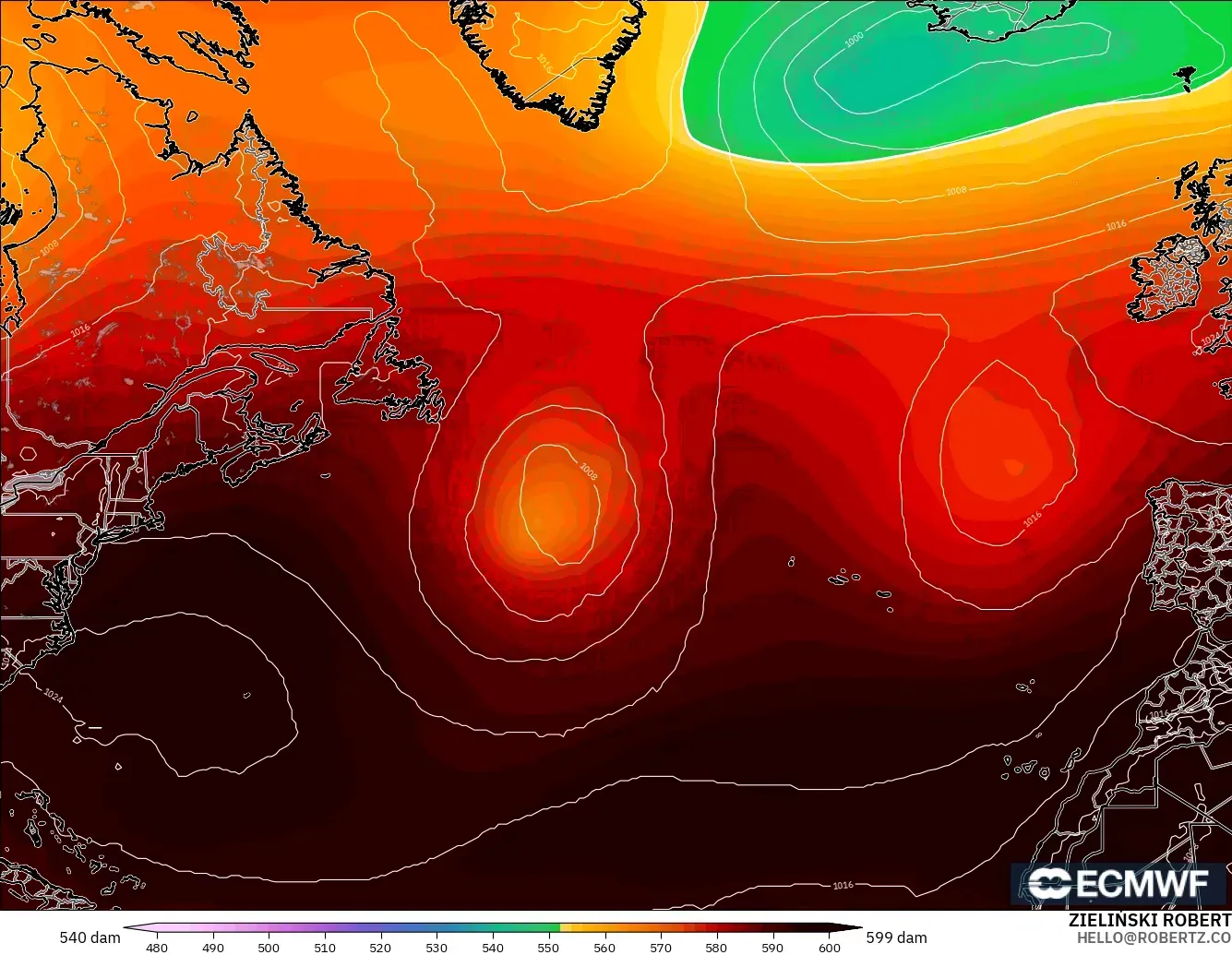 ECMWF IFS 0.25° model - Atlantik Utara, Ketinggian geopotensial pada 500 hPa
