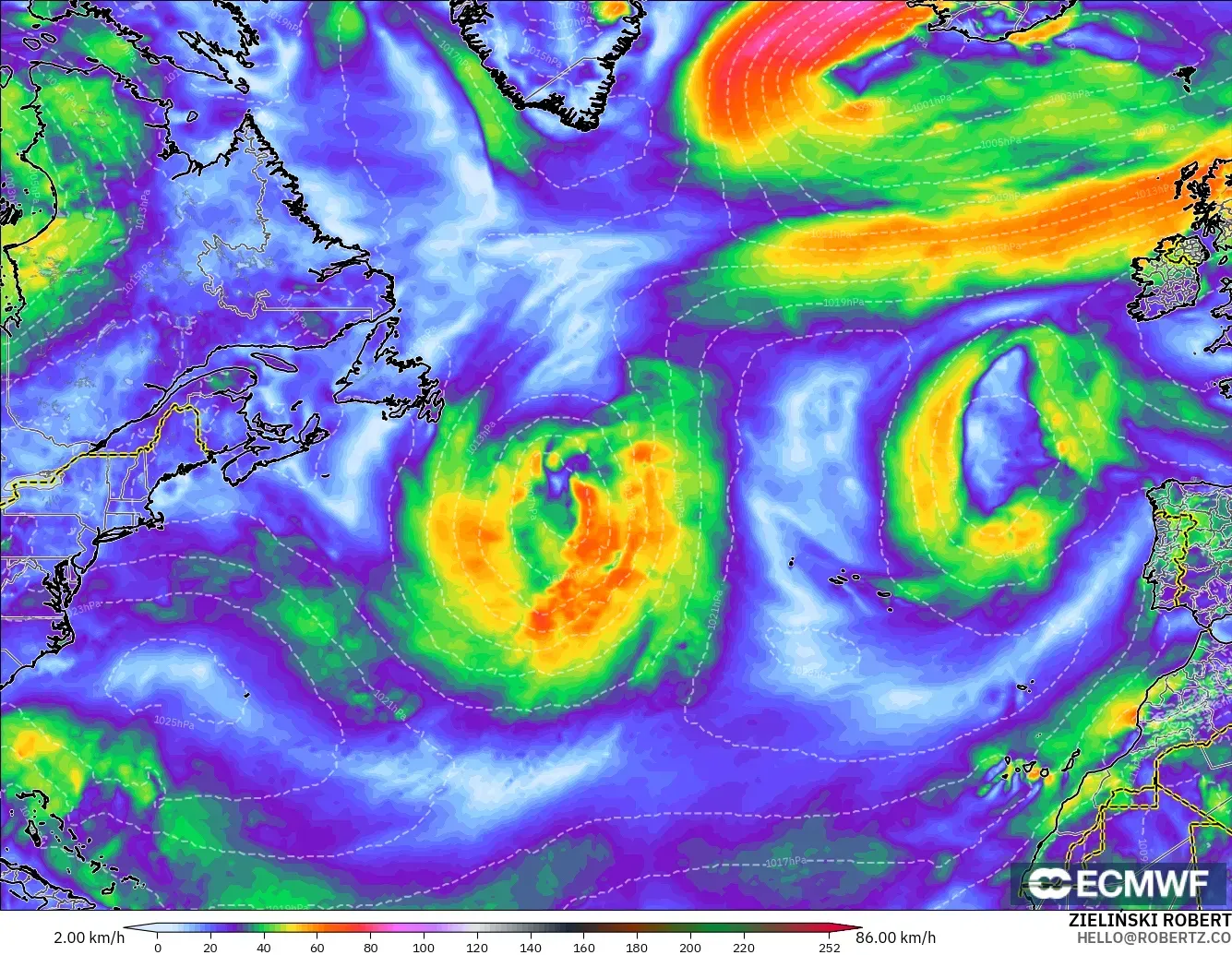 ECMWF IFS 0.25° model - Atlantik Utara, Hembusan Tertinggi