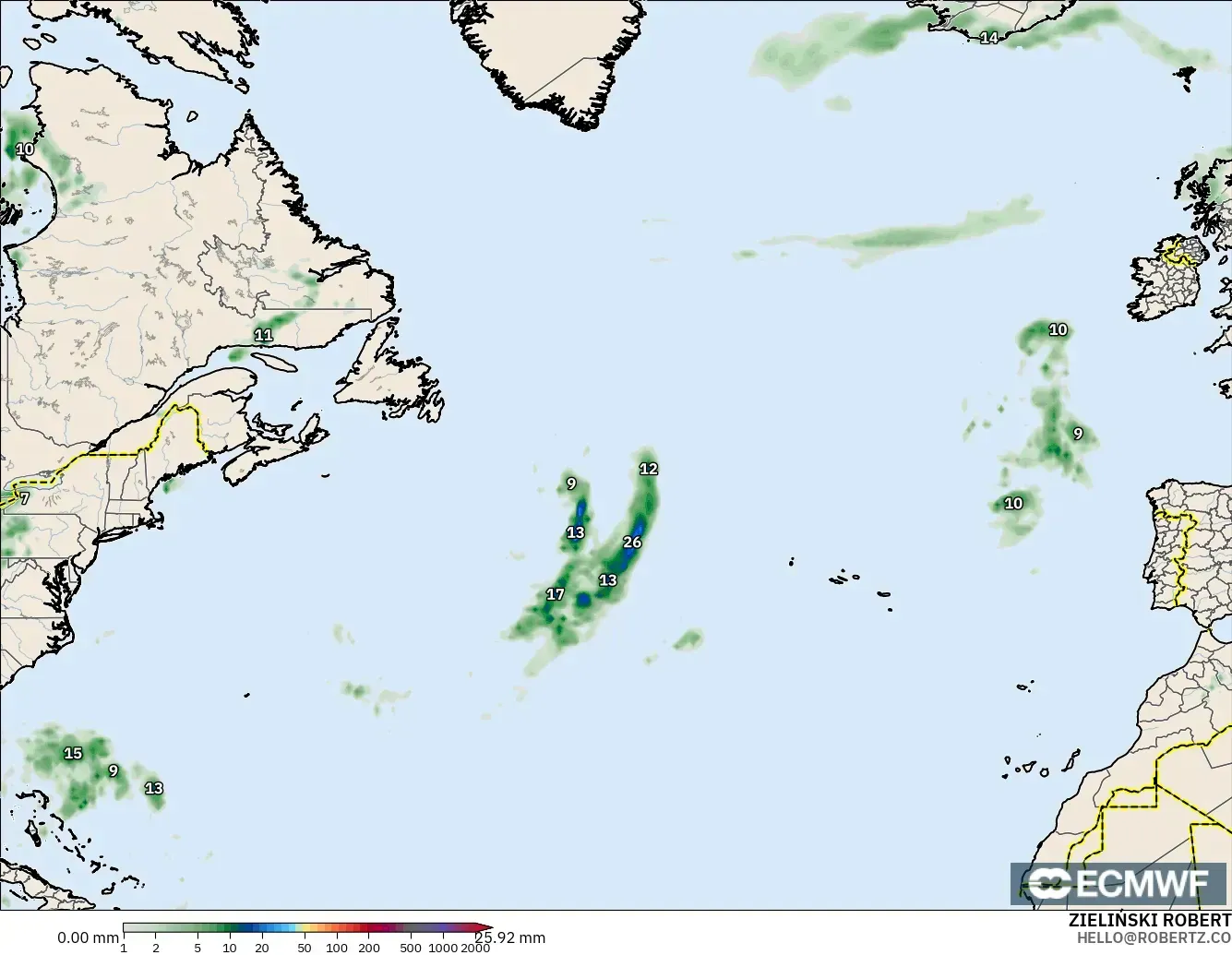 ECMWF IFS 0.25° model - Atlantik Utara, Pengumpulan Hujan