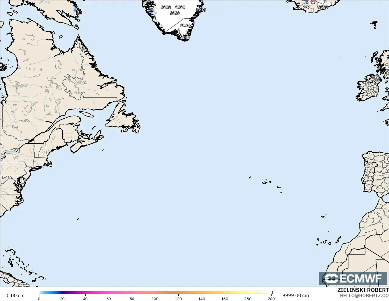 ECMWF IFS 0.25° model - Atlantik Utara, Ketebalan Salji
