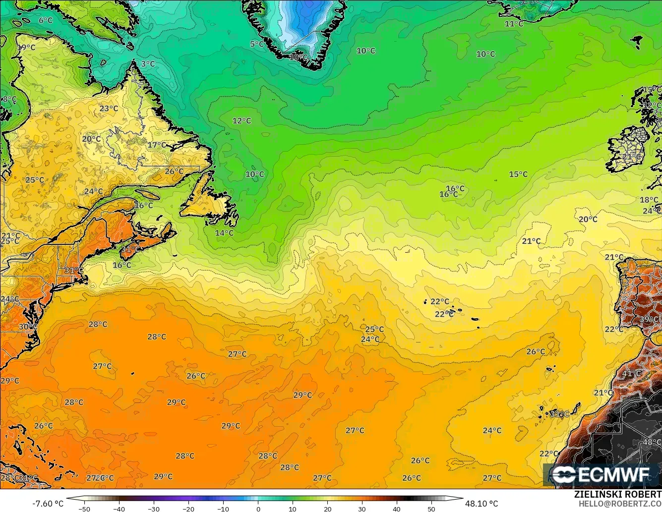 ECMWF IFS 0.25° model - Atlantik Utara, Suhu pada 2 m