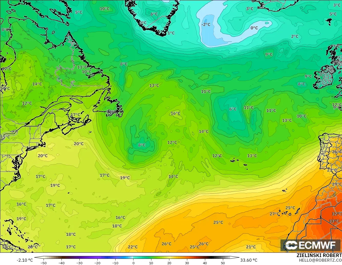 ECMWF IFS 0.25° model - Atlantik Utara, Suhu 850 hPa