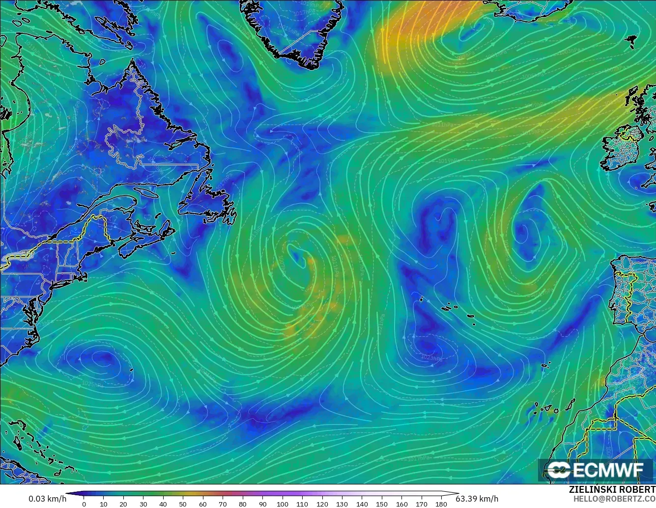 ECMWF IFS 0.25° model - Atlantik Utara, Angin 10 m