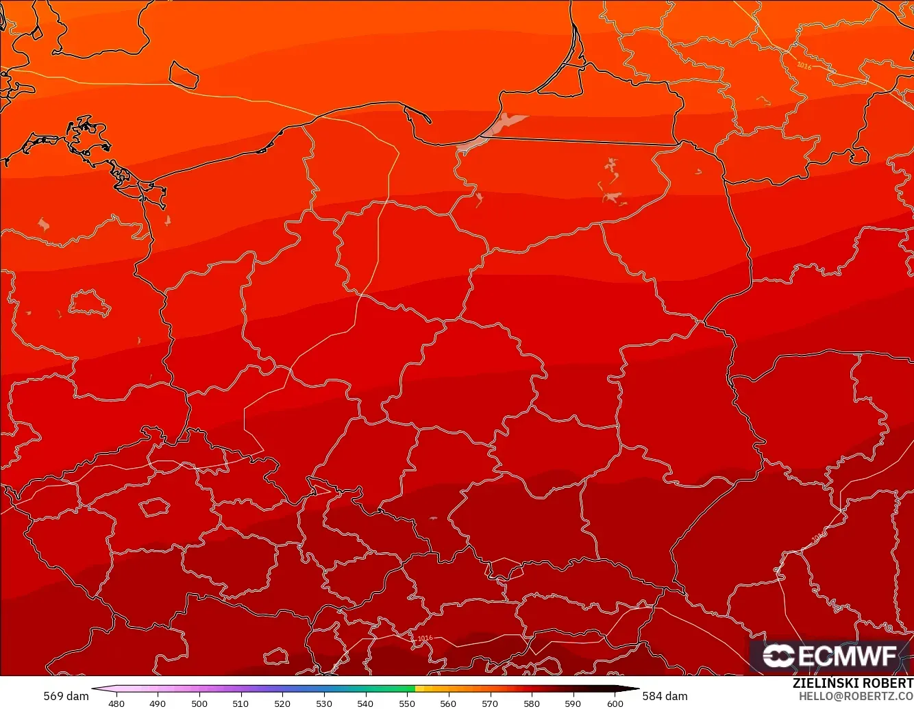 ECMWF IFS 0.25° model - Poland, Ketinggian geopotensial pada 500 hPa