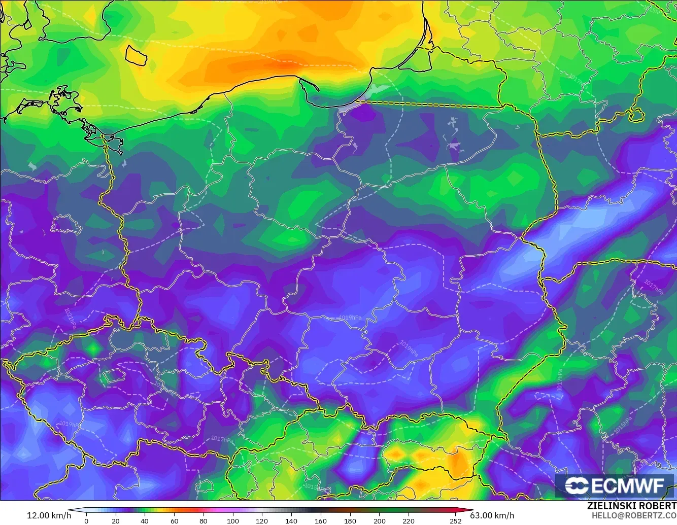 ECMWF IFS 0.25° model - Poland, Hembusan Tertinggi