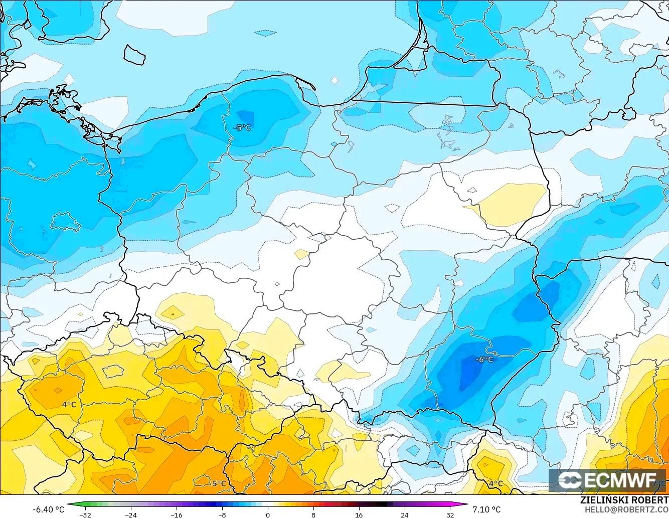 ECMWF IFS 0.25° model - Poland, Anomali Suhu 2 m