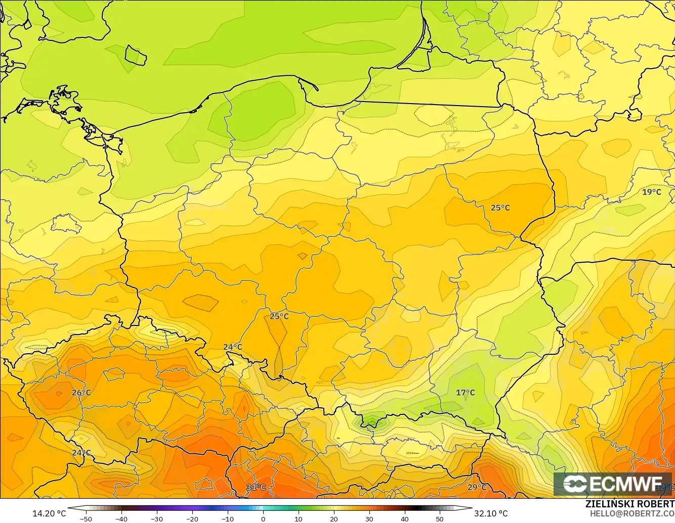 ECMWF IFS 0.25° model - Poland, Suhu pada 2 m