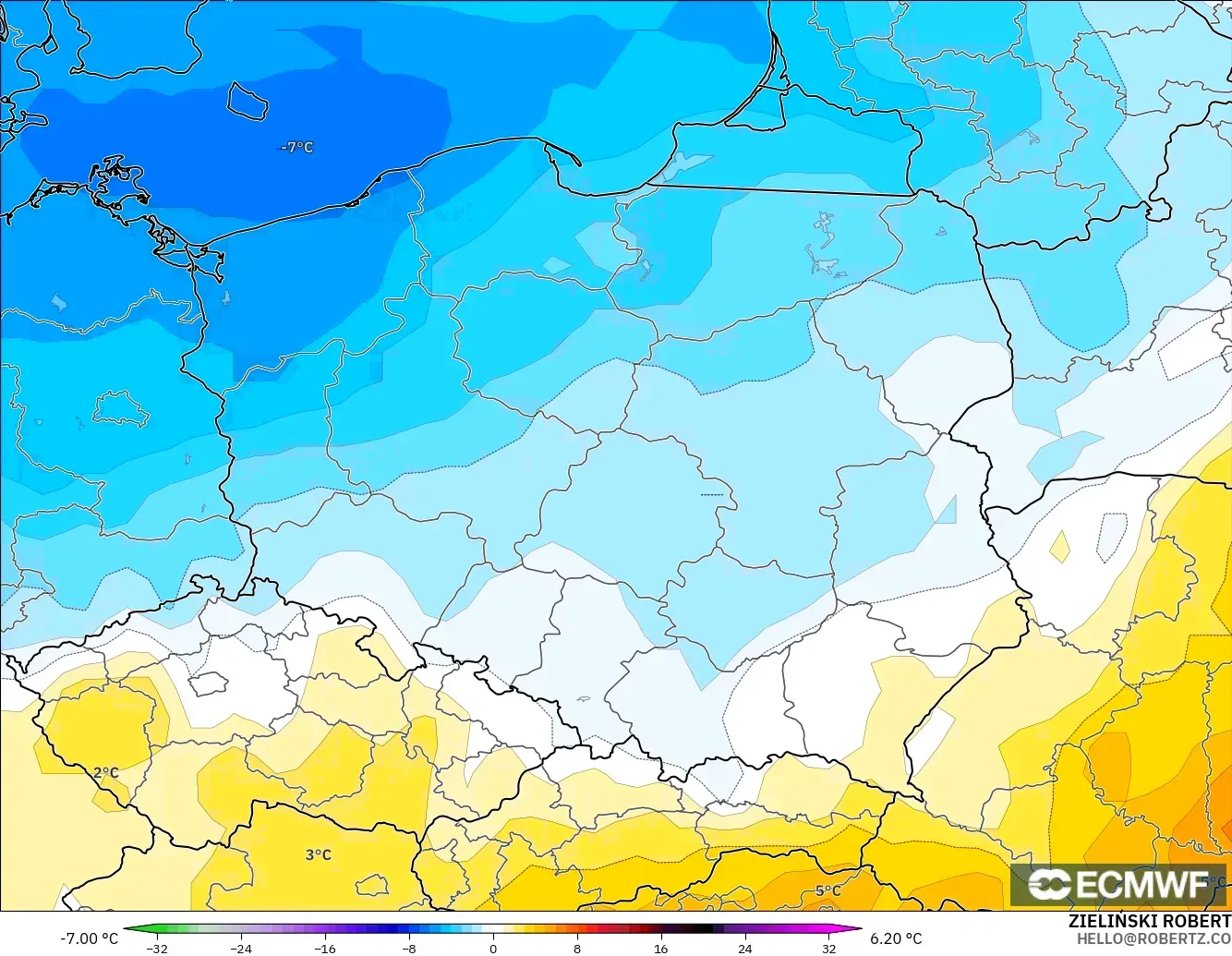 ECMWF IFS 0.25° model - Poland, Anomali Suhu 850 hPa