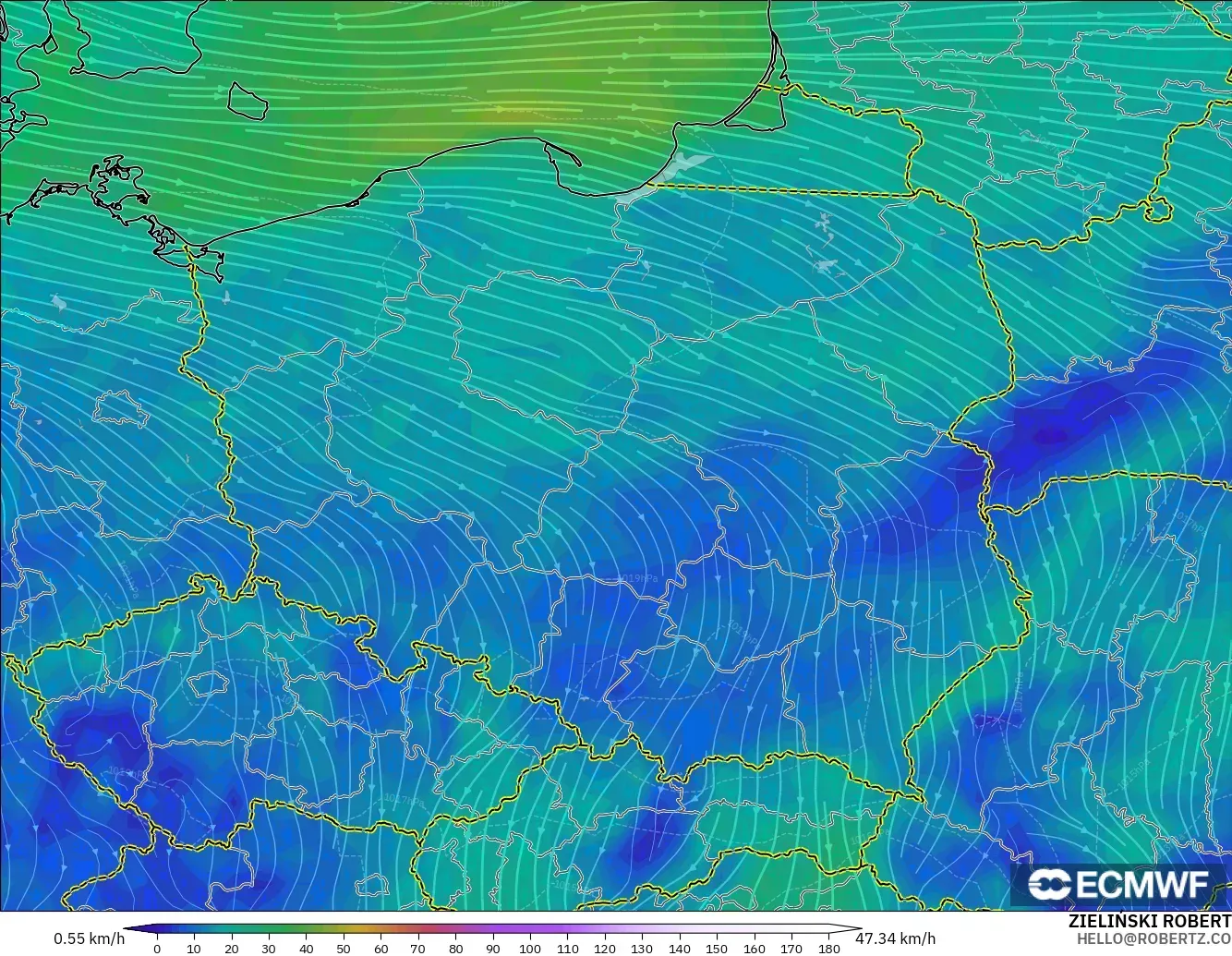 ECMWF IFS 0.25° model - Poland, Angin 10 m