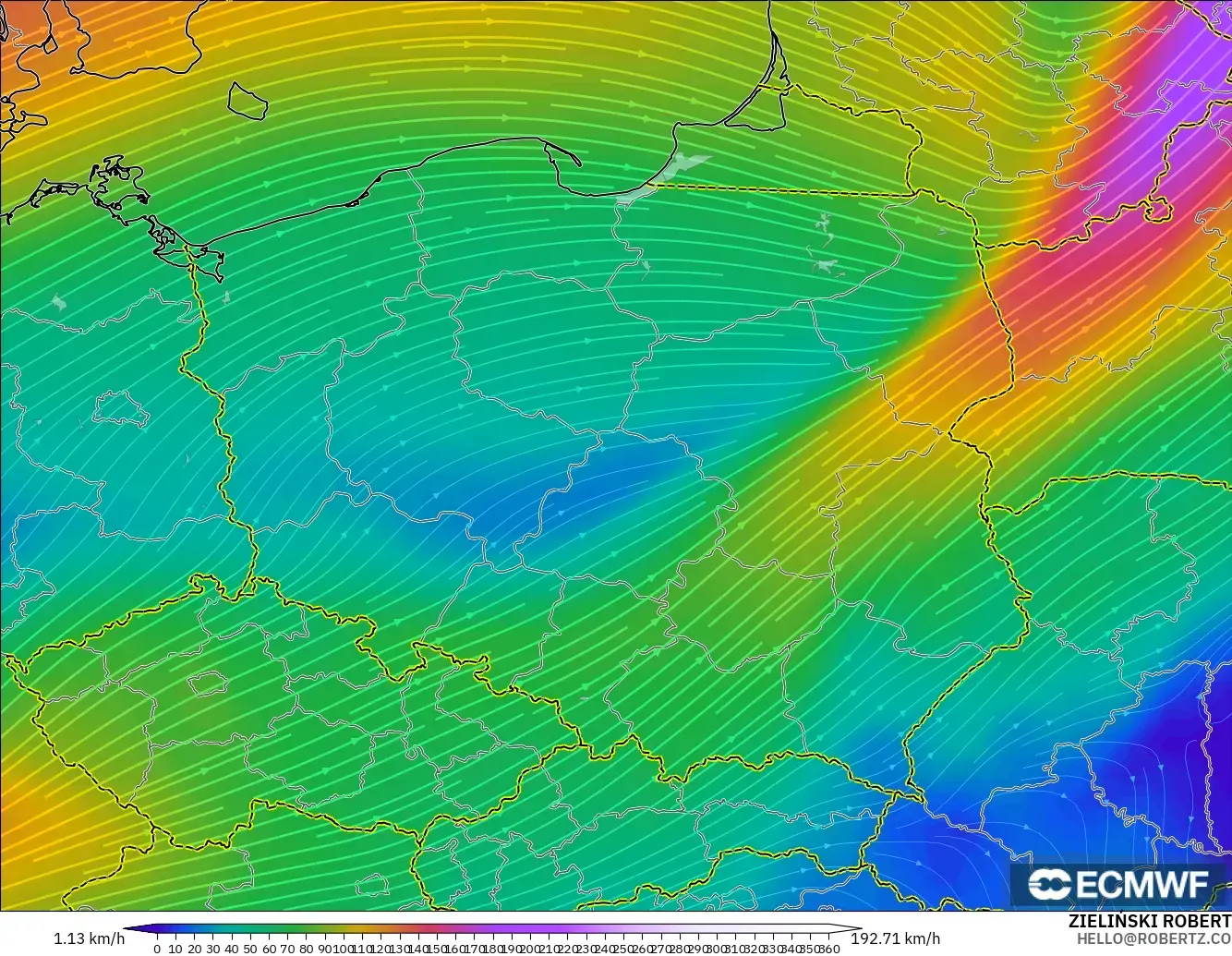 ECMWF IFS 0.25° model - Poland, Angin 300 hPa (aliran jet)