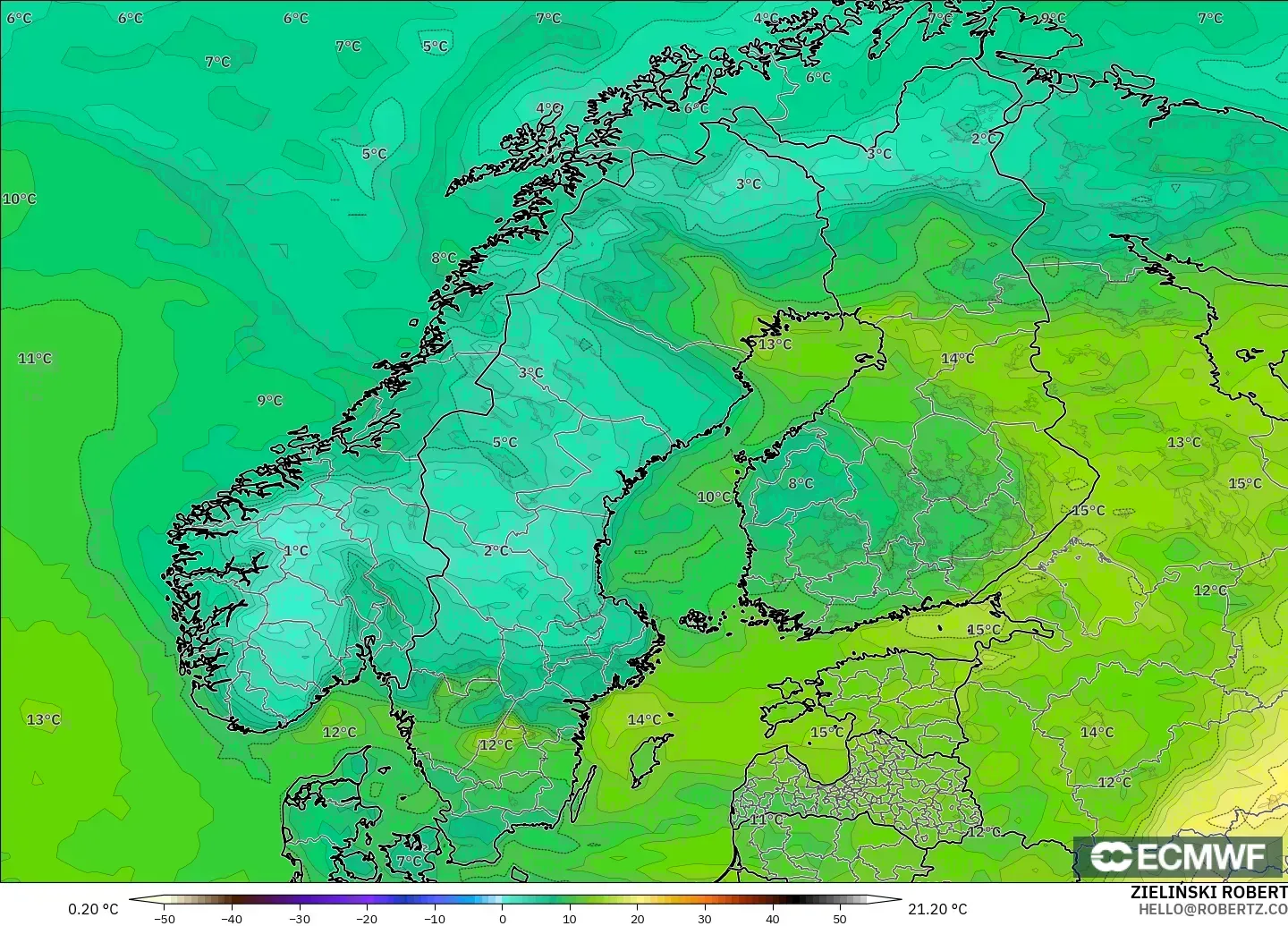 ECMWF IFS 0.25° model - Skandinavia, Takat Embun 2 m