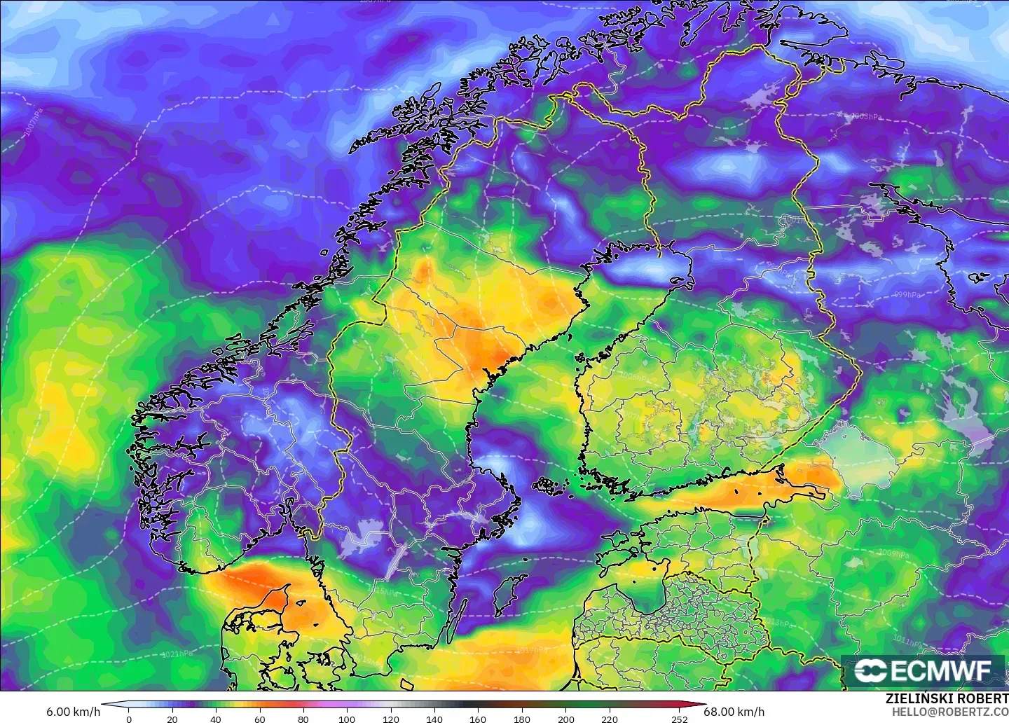 ECMWF IFS 0.25° model - Skandinavia, Hembusan Tertinggi