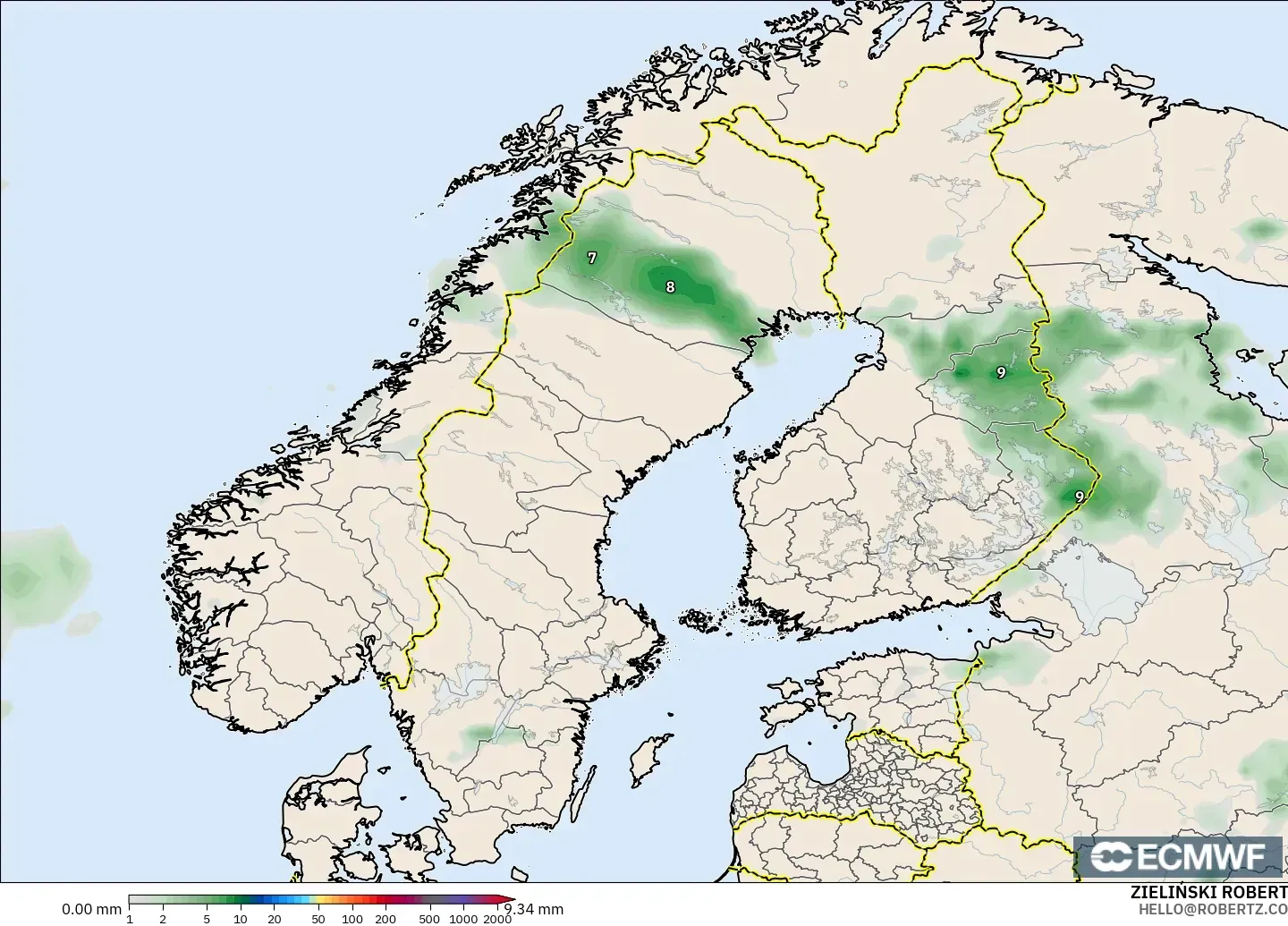 ECMWF IFS 0.25° model - Skandinavia, Pengumpulan Hujan