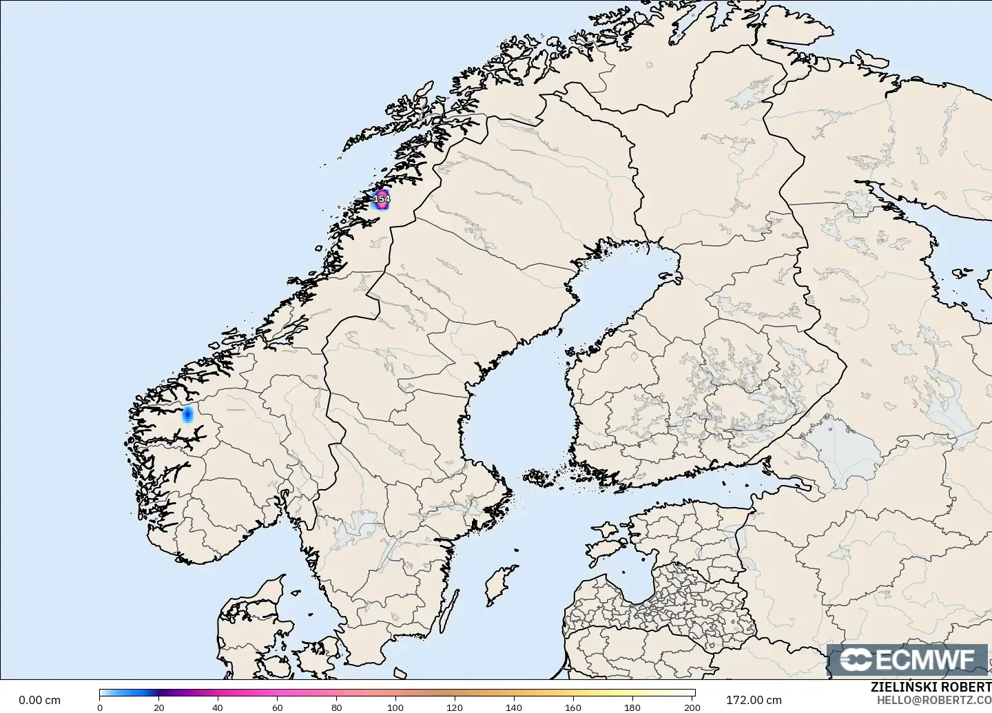 ECMWF IFS 0.25° model - Skandinavia, Ketebalan Salji