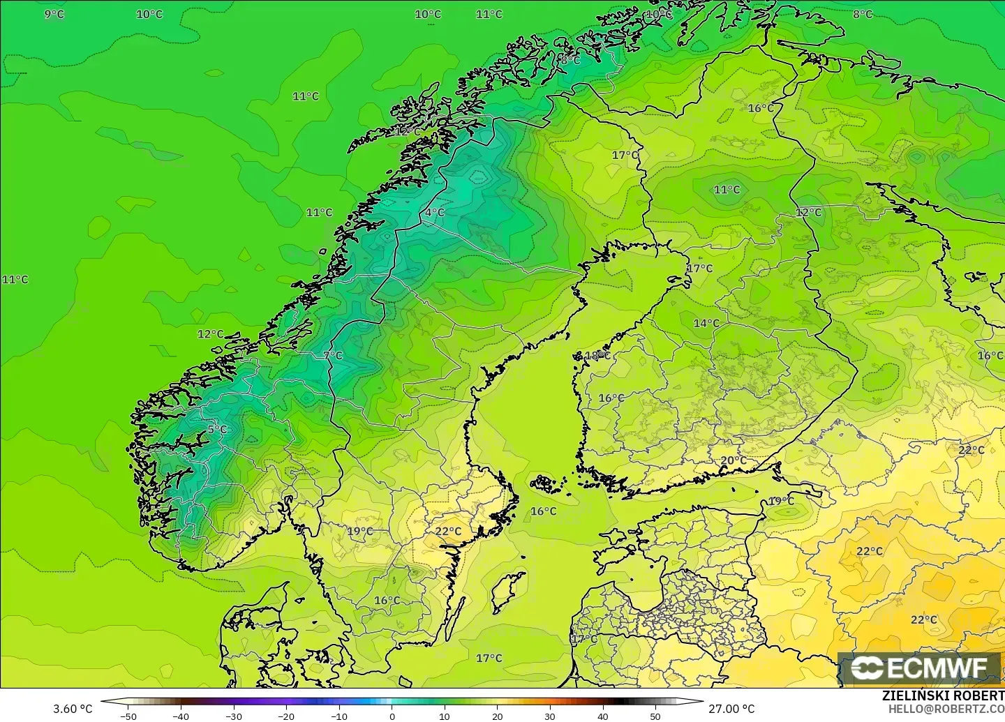 ECMWF IFS 0.25° model - Skandinavia, Suhu pada 2 m