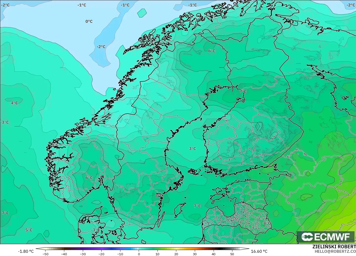 ECMWF IFS 0.25° model - Skandinavia, Suhu 850 hPa