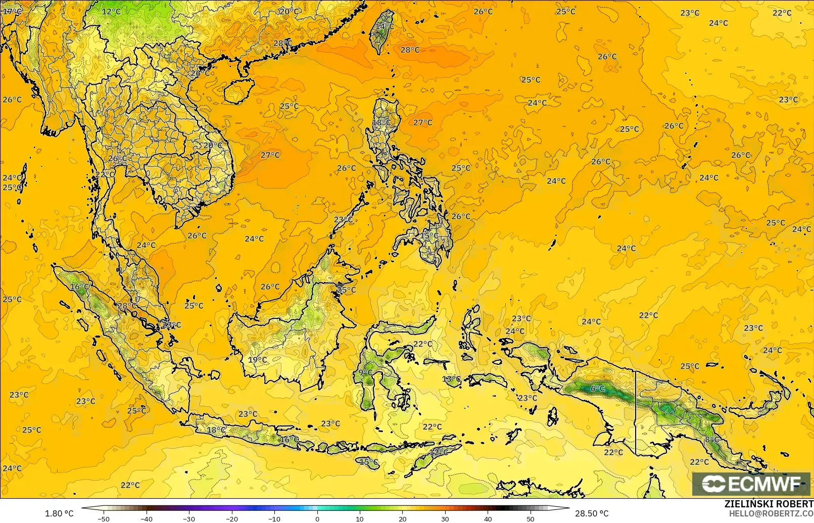 ECMWF IFS 0.25° model - Asia Tenggara, Takat Embun 2 m