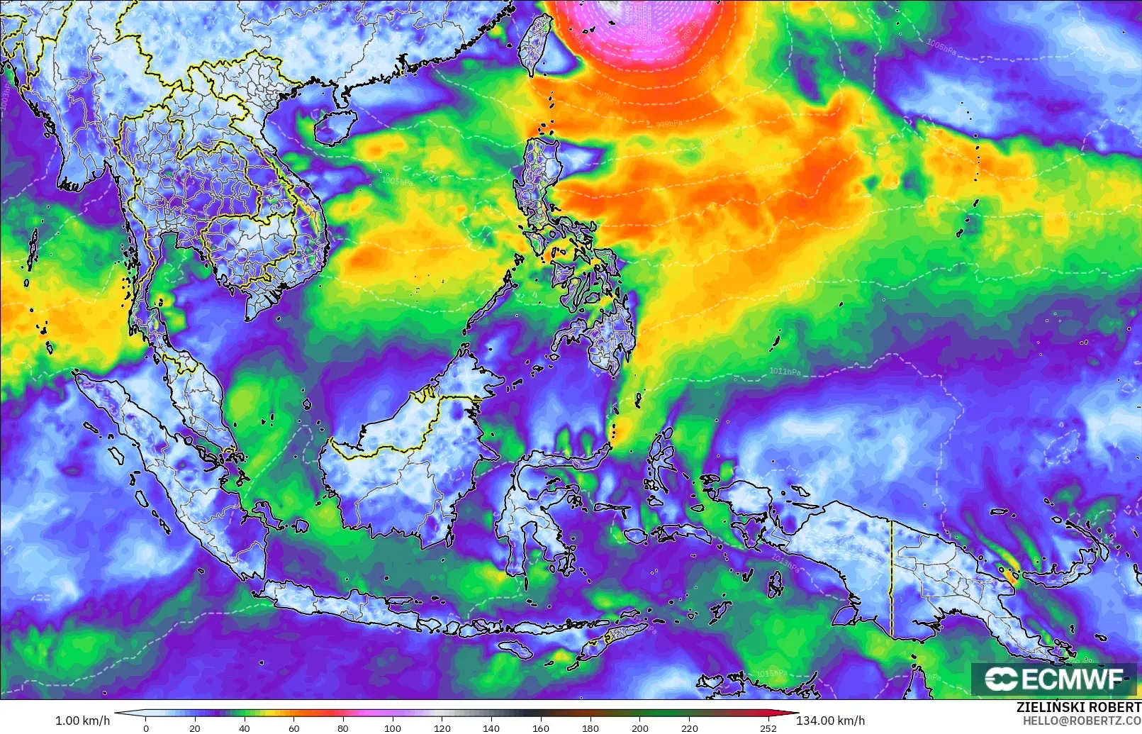 ECMWF IFS 0.25° model - Asia Tenggara, Hembusan Tertinggi