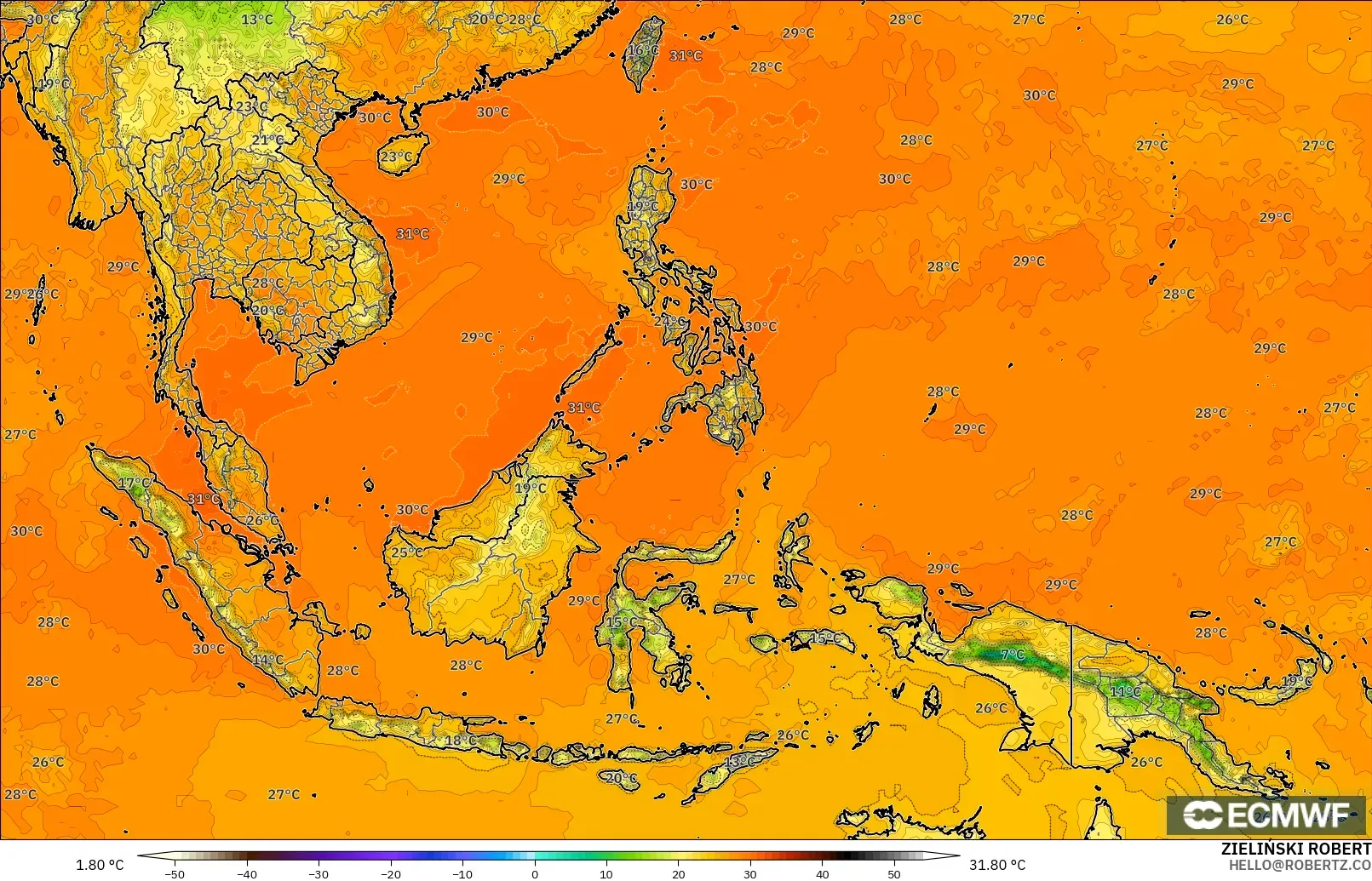 ECMWF IFS 0.25° model - Asia Tenggara, Suhu pada 2 m