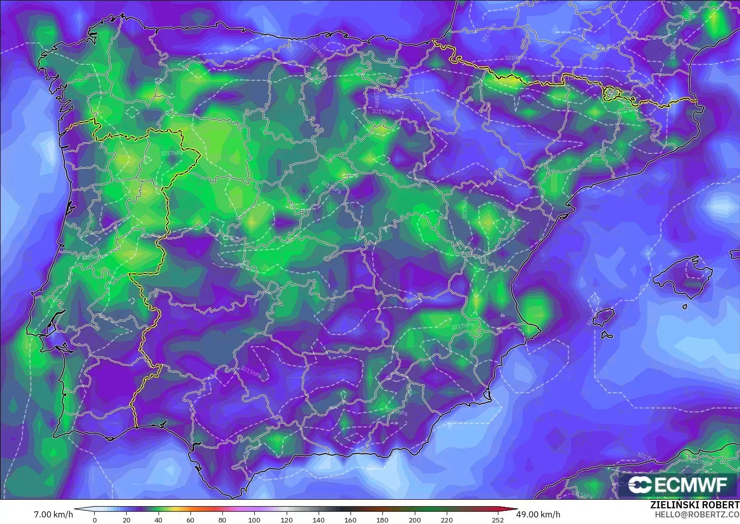 ECMWF IFS 0.25° model - Sepanyol, Hembusan Angin