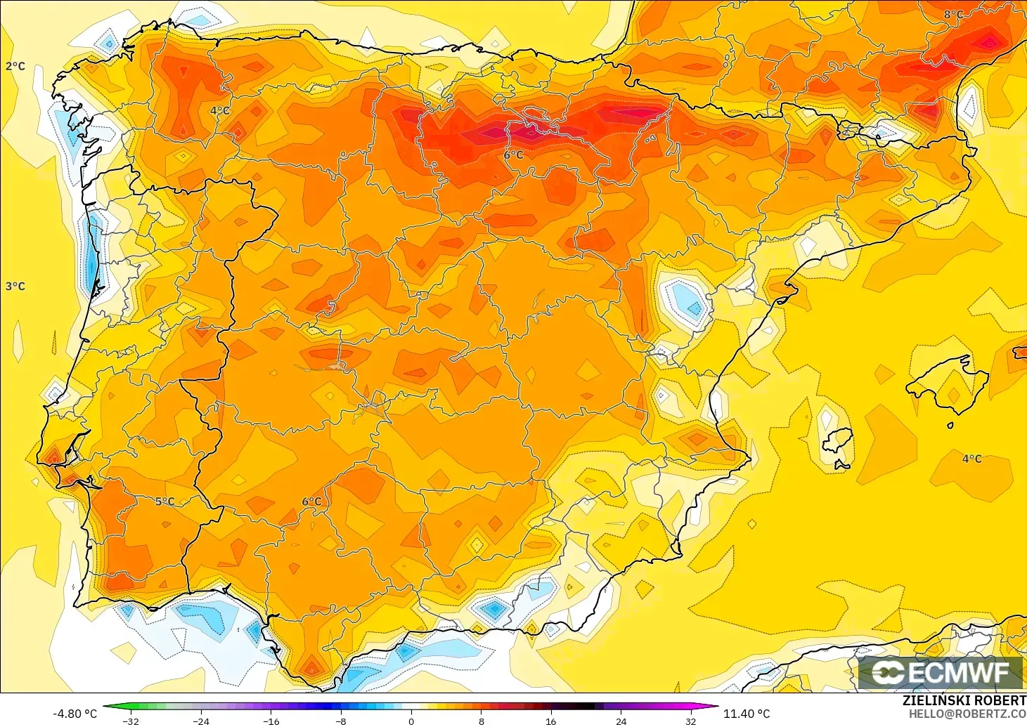 ECMWF IFS 0.25° model - Sepanyol, Anomali Suhu 2 m