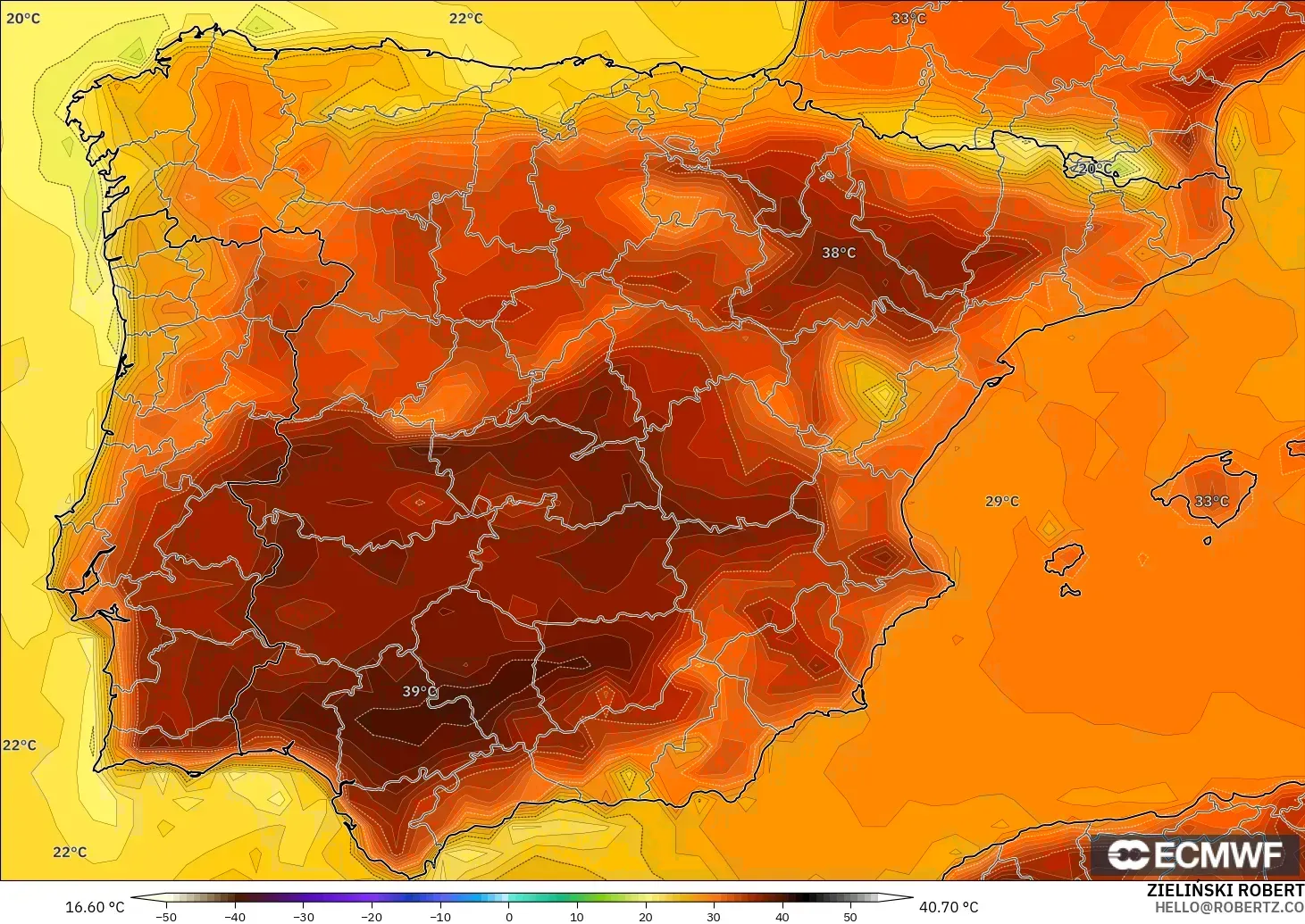 ECMWF IFS 0.25° model - Sepanyol, Suhu pada 2 m