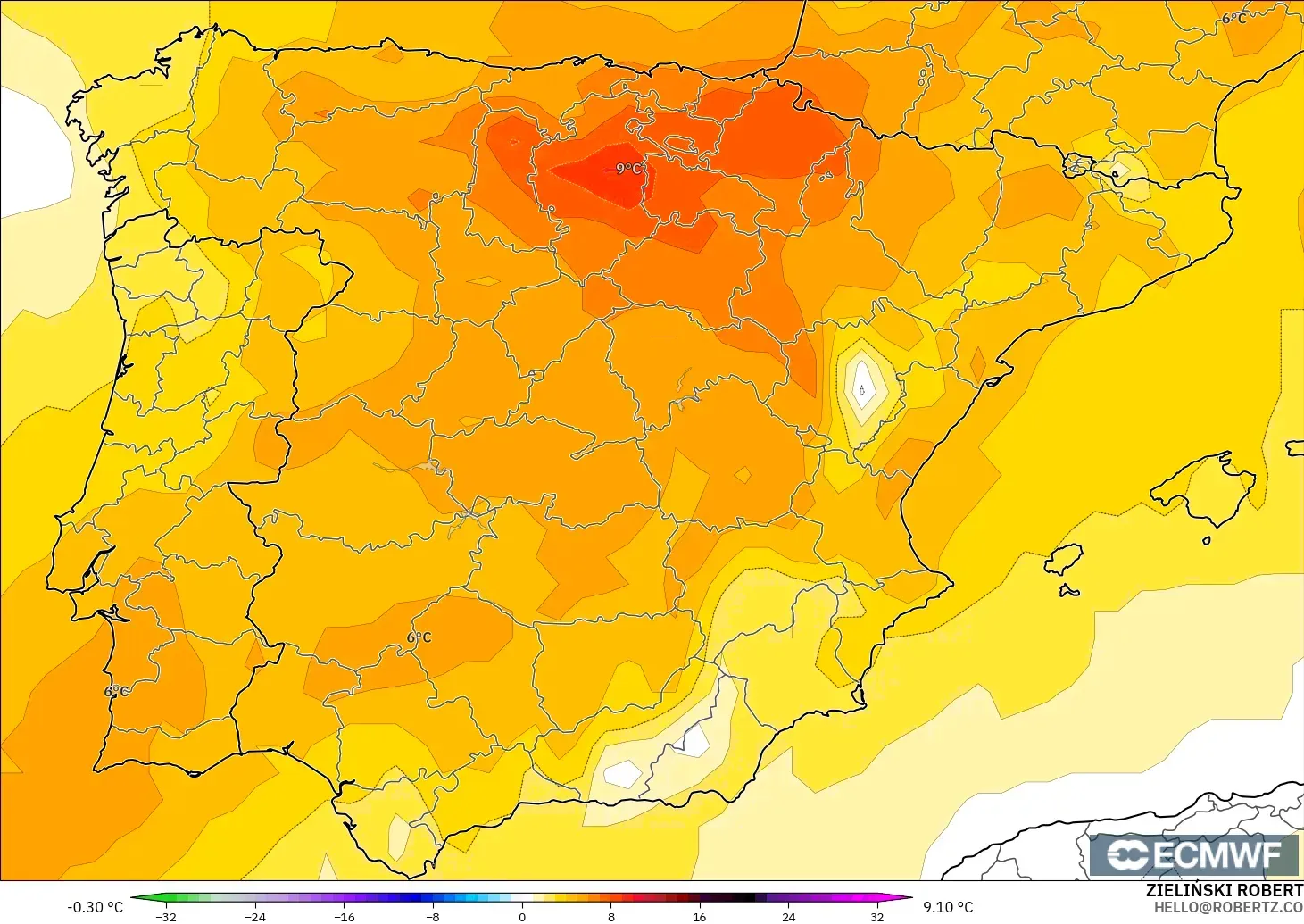 ECMWF IFS 0.25° model - Sepanyol, Anomali Suhu 850 hPa