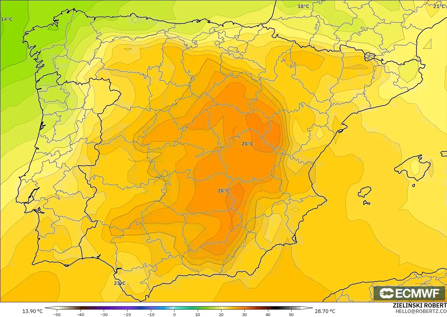ECMWF IFS 0.25° model - Sepanyol, Suhu 850 hPa