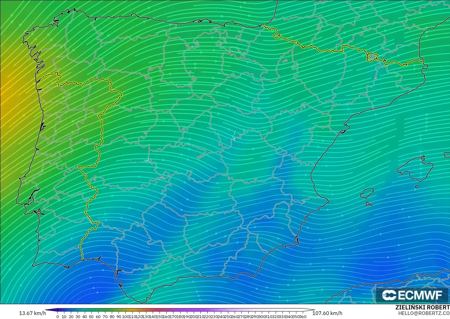 ECMWF IFS 0.25° model - Sepanyol, Angin 300 hPa (aliran jet)